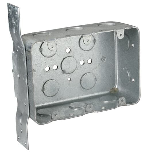 Three Gang Drawn Style Device Box, 44.3 Cubic Inches, 5-13/16 Inches Long x 4 Inches Wide x 2-1/8 Inches Deep, Drawn Construction with 1/2 Inch Knockouts, with CV Brackets Recessed 7/8 Inch, For use with Conduit