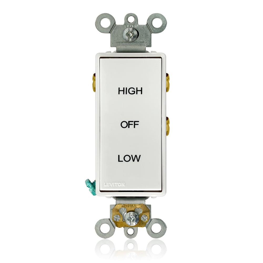 Decora Plus Switch, Single Pole, Double Throw, Maintained Contact, Center Off, 15A-120/277VAC, White, Quite Rocker Imprinted With 'High Off Low' Side And Back Wired, Mounting Screws And Washers, Ground Screw, Ears, UL And CSA. Wiring Instruction Is Not Included.