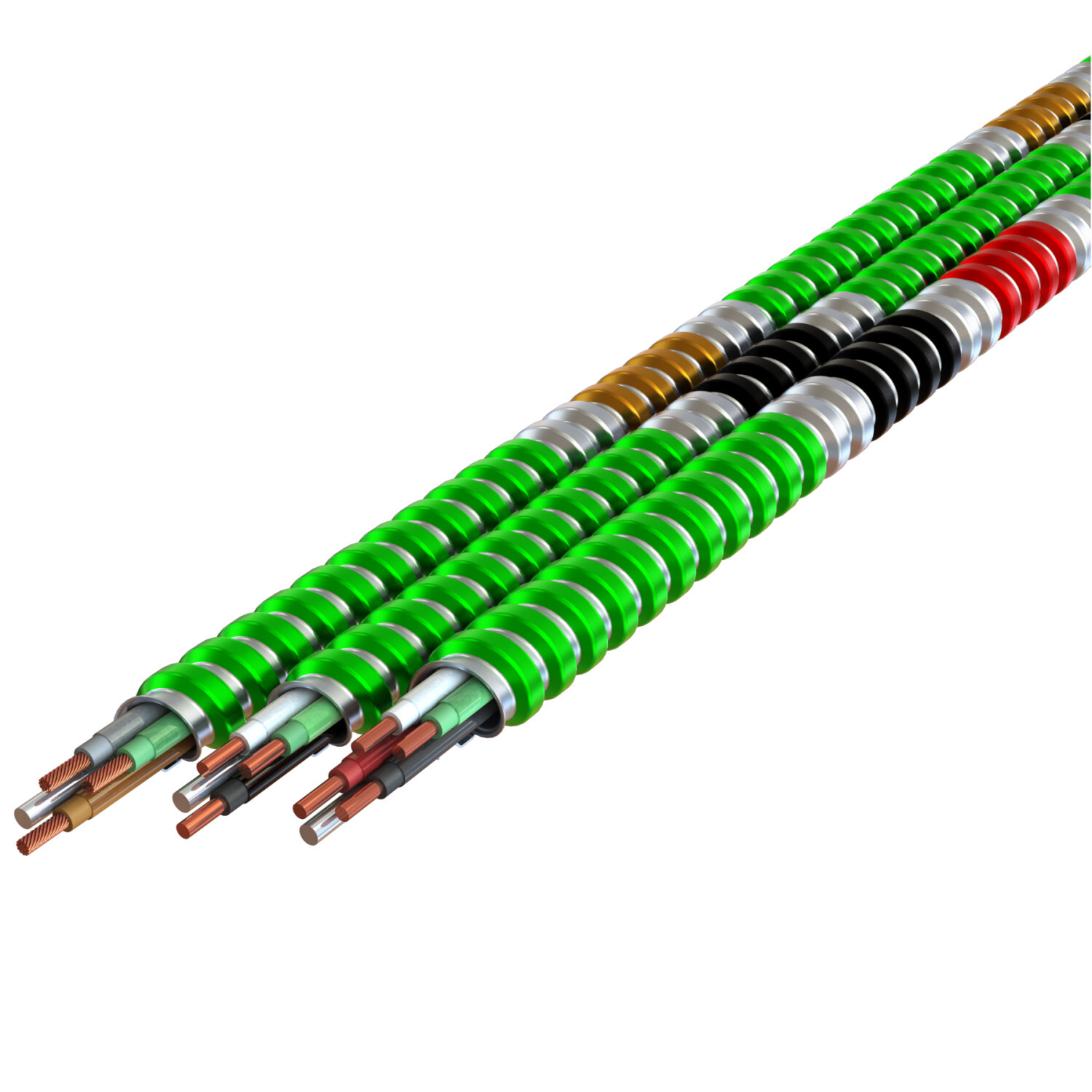 12-2 Solid Red, White, Green - MC Stat Lite, Green Interlocked Aluminum Armor with phase ID - Type MCI-A - Health Care Facilities - 1000' Reel