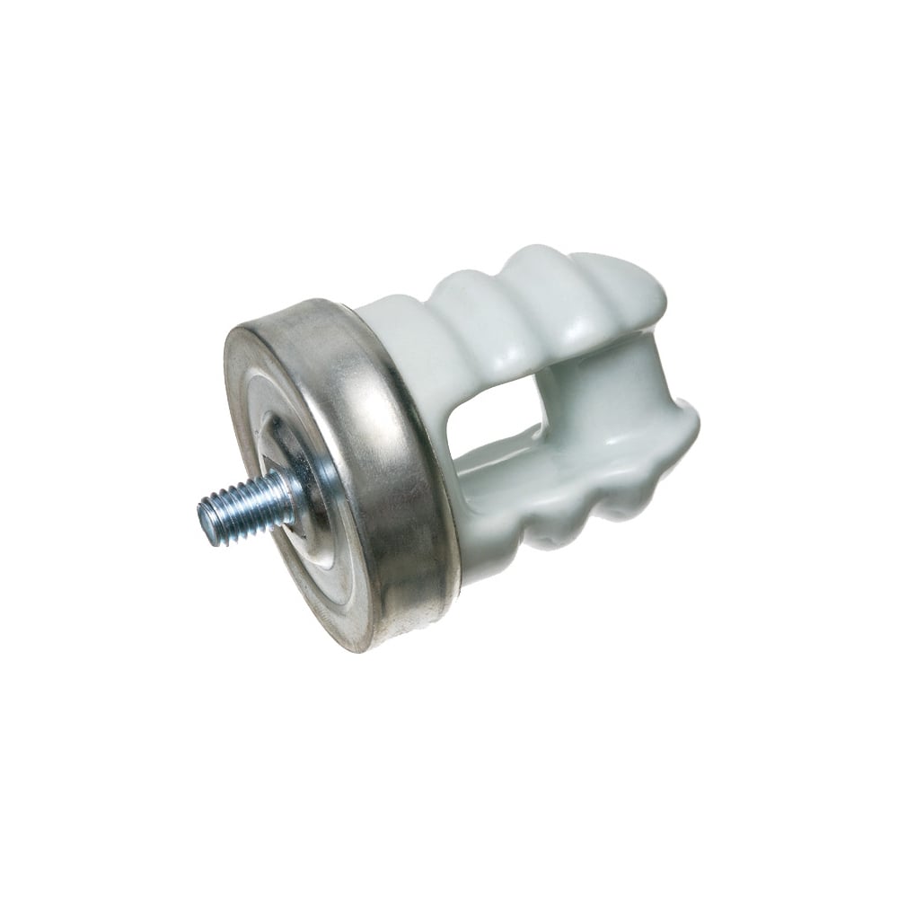 Porcelain and Galvanized Steel wire holder with riveted screw through head. Screw Size - 3/8" x 1/2" machine screw. Crimped.