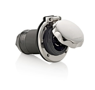 Corrosion Resistant Power Locking Inlet, 50A-125/250V, 3-Pole 4-Wire, NEMA SS2-50, Polished Stainless Steel Quick-Lock Cap and Enclosure, Includes Rubber Sealing.