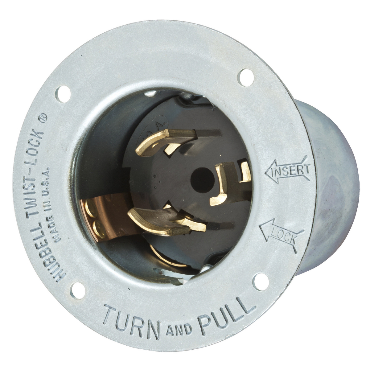 Locking Devices, Twist-Lock, Industrial, Flanged Inlet, 50A 480V, 2-Pole 3-Wire Grounding, Non-NEMA, Screw Terminal, Black