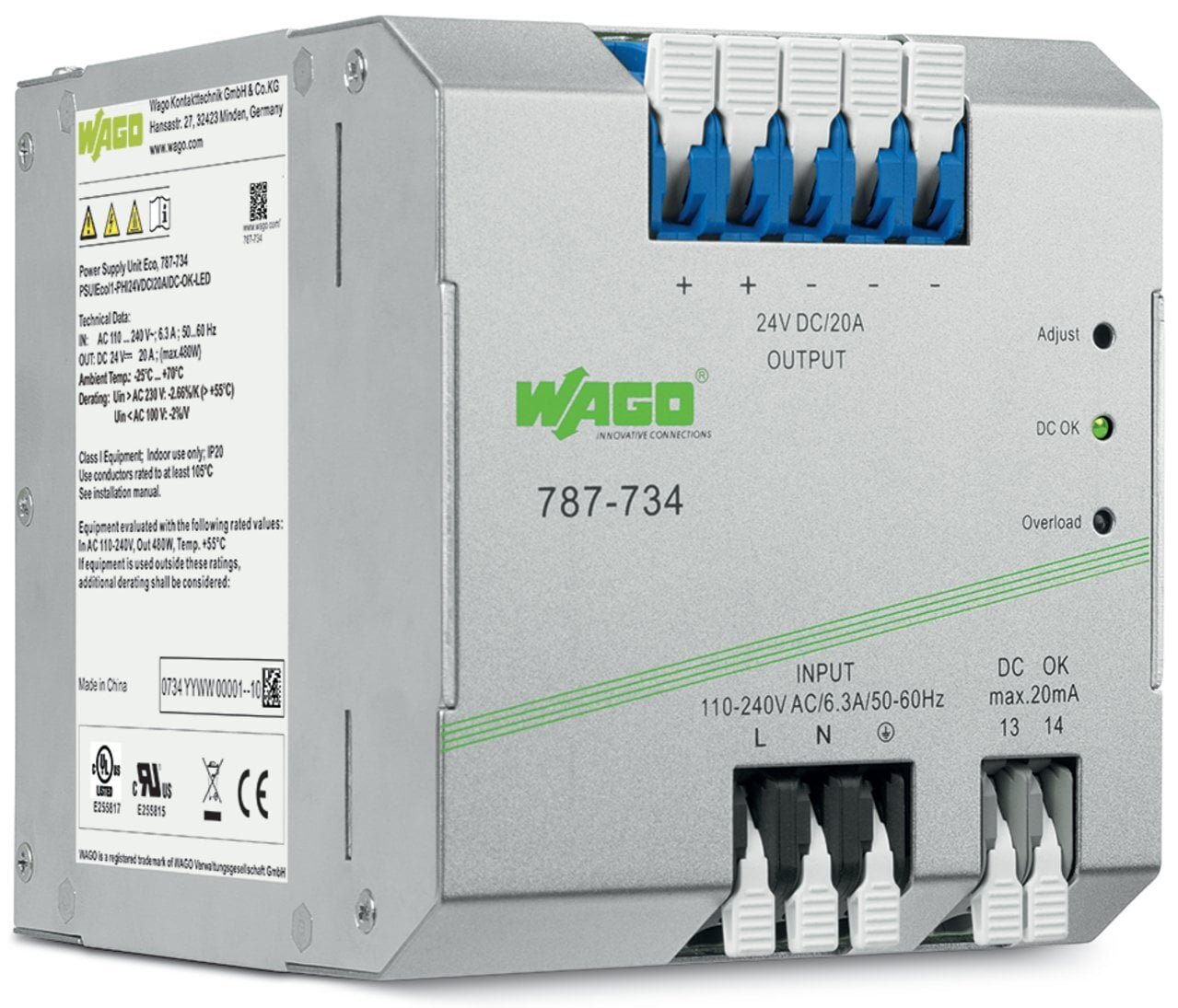 Switched-mode power supply; Eco; 1-phase; 24 VDC output voltage; 20 A output current; DC OK contact; 6,00 mm