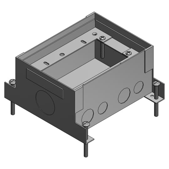 Two Gang Deep Flush Service Floor Box, 82 Cubic Inches, Length 7-1/4 Inches, Width 5-1/2 Inches, Depth 3-5/8 Inches, 1/2 Inch 3/4 Inch and 1-1/4 Inch Knockouts, Galvanized Steel, For Power or Communications/Data