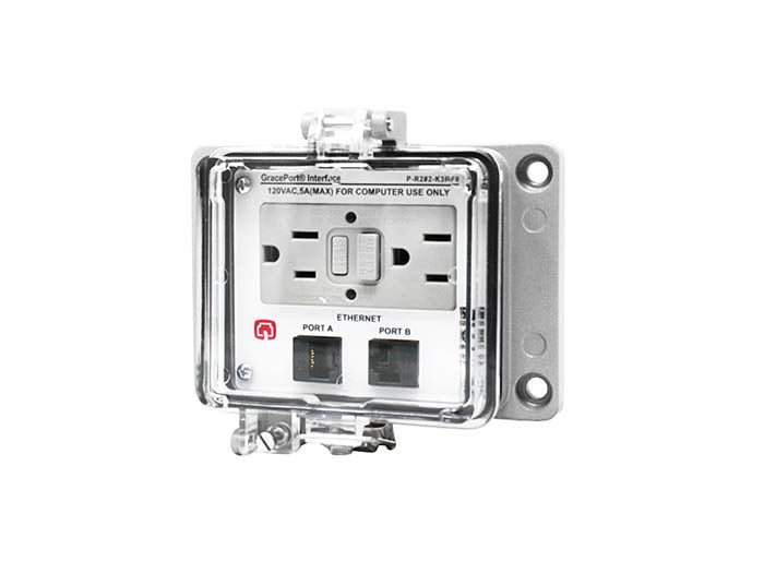 PANEL INTERFACE CONNECTOR WITH QTY 2 RJ45, PANEL MOUNT HOUSING, UL TYPE 4, GFCI DUPLEX INSIDE-OUTLET, NO CB