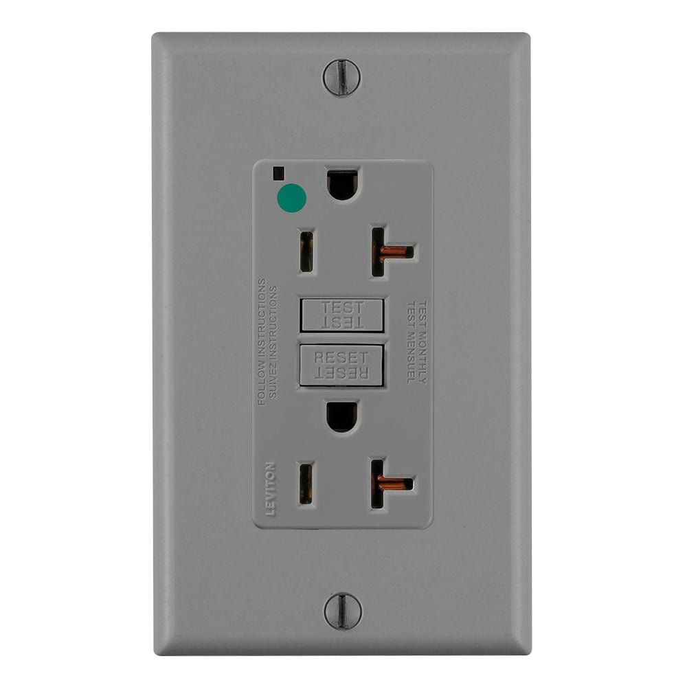 20 Amp, 125 Volt, SmartlockPro Slim Self-Test GFCI Receptacle, Extra-Heavy Duty Hospital Grade, NEMA 5-20R, 20A Feed-Through, 2P, 3W, Matching Wallplate Included - GRAY