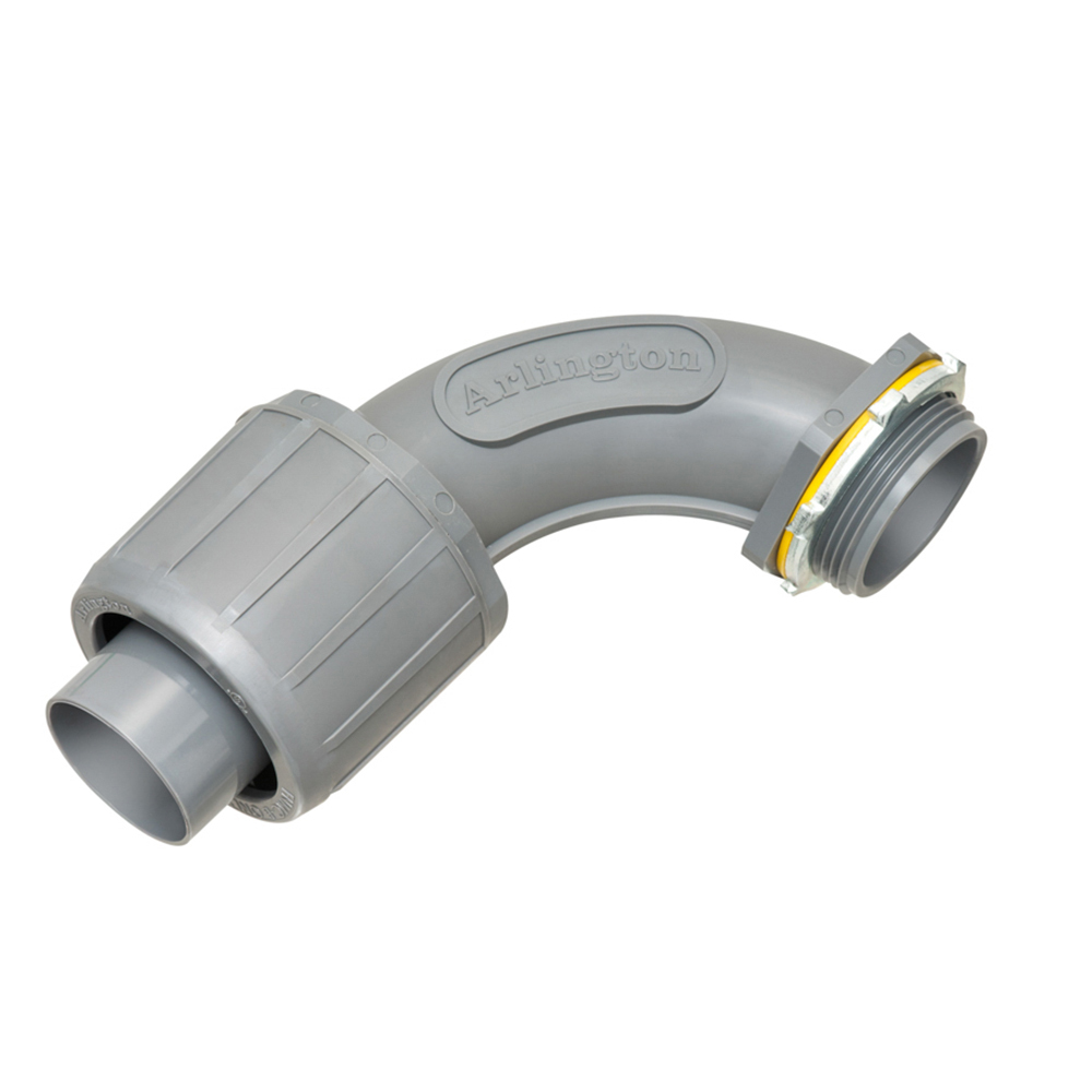 Non Metallic 90 degree snap2it connector for use with non metallic liquid tight conduit type B only. Push on installation. 1-1/2" Trade Size.