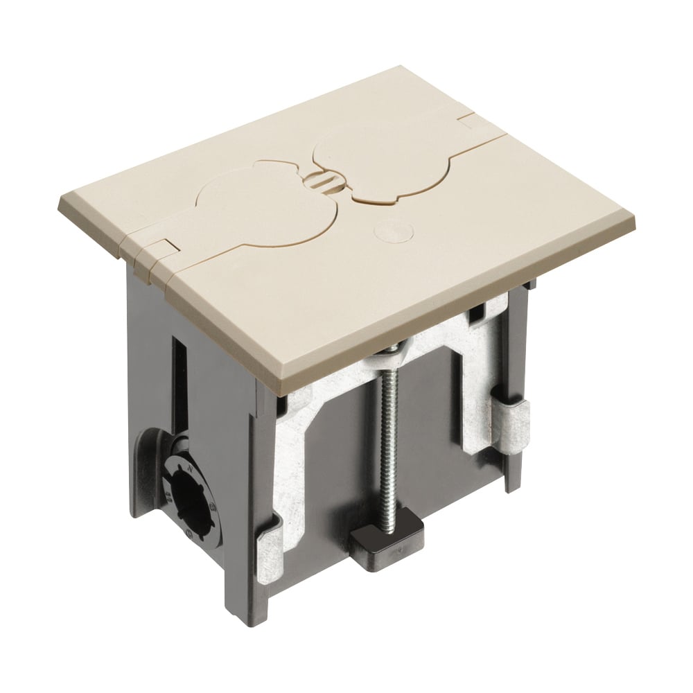Non Metallic adjustable floor box. Light Almond with flip lids. Includes tamper resistant duplex receptacle, cover plate with gasket and Arlington NM94 connector and Arlington NM900 knockout plug.