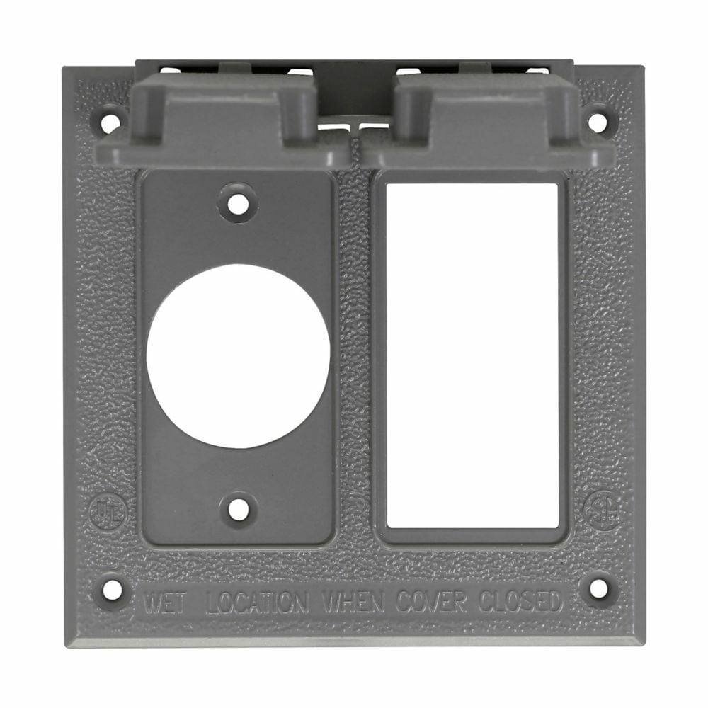 Eaton Crouse-Hinds series weatherproof self-closing cover, Gray, Die cast aluminum, Vertical, Two-gang, GFI devices and one single switch or receptacle