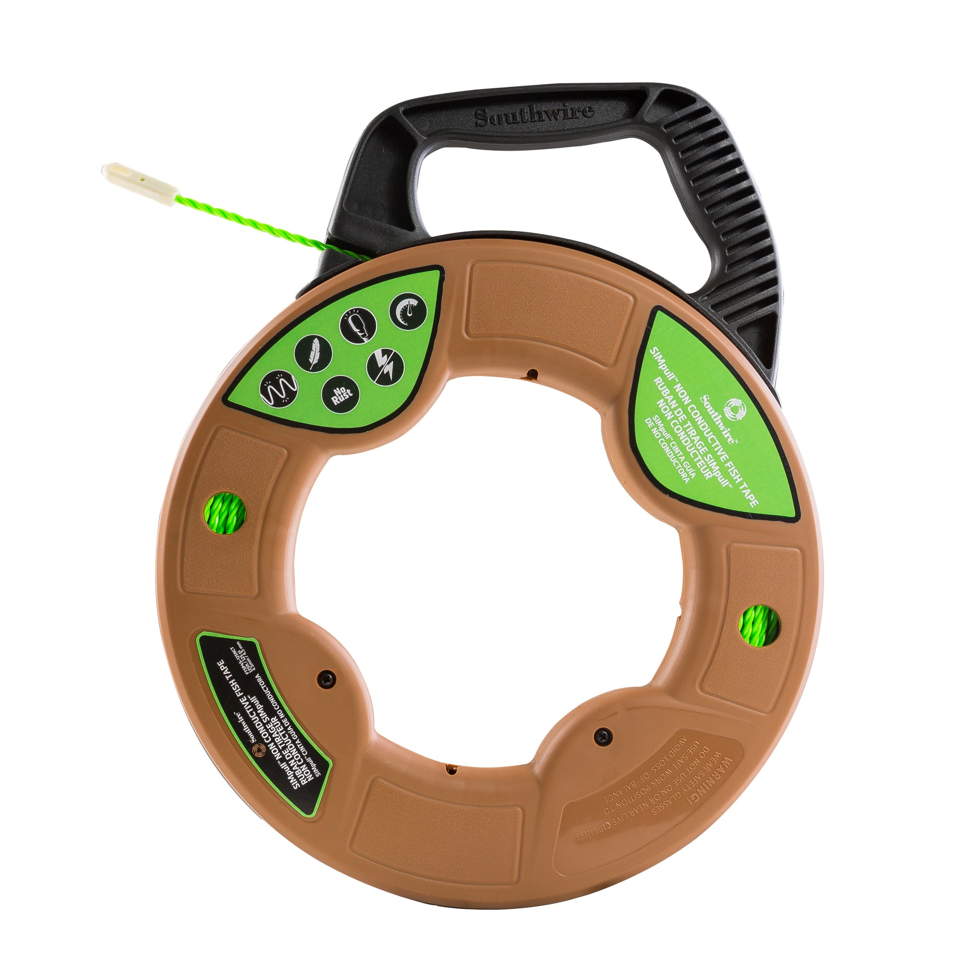 Spiral extruded polymer design reduces the amount of effort required to push or pull the fish tape through EMT or PVC conduit.