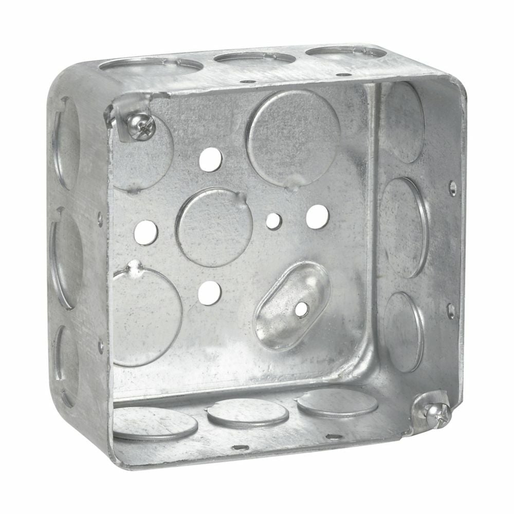 Eaton Crouse-Hinds series Square Outlet Box, (3) 1/2", (2) 3/4", 4", Conduit (no clamps), Drawn, 2-1/8", Steel, (8) 1/2", (4) 3/4", 30.3 cubic inch capacity