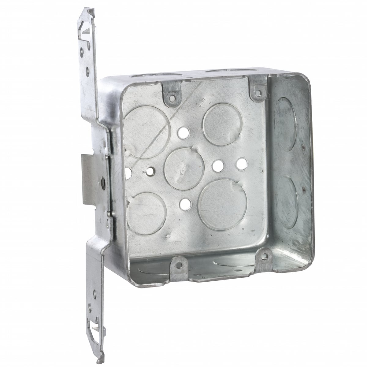 4 In. Sq. Two Device Sw. Bx., 2-1/8 In. Dp. Drawn w/Conduit KO's,TSBrkt, 1/2 In. Setback