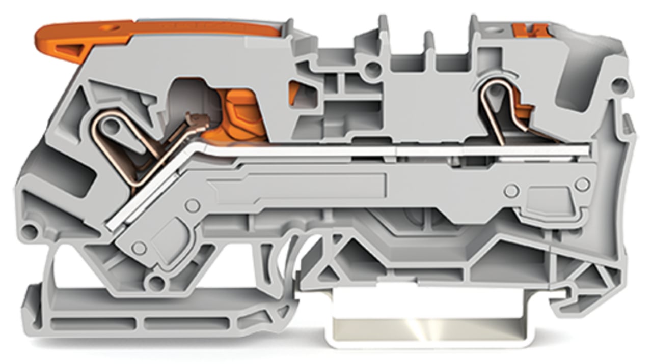 2-conductor through terminal block; with lever and push-button; 6 mm; with test port; side and center marking; for DIN-rail 35 x 15 and 35 x 7.5; Push-in CAGE CLAMP; 6,00 mm; gray