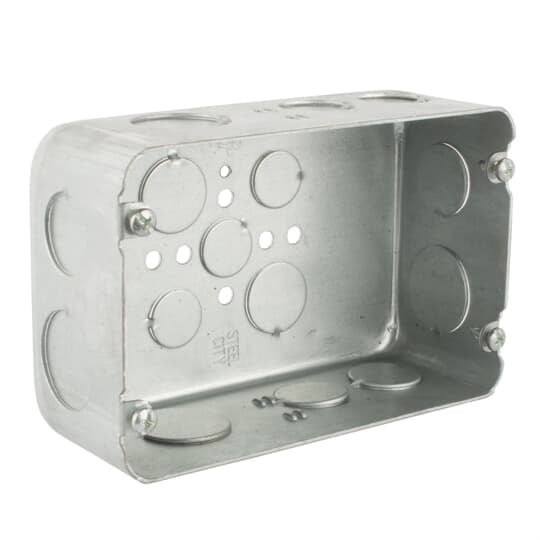 Two Gang Drawn-Style Gang Box, 71 Cubic Inches, 6-13/16 Inches Long x 4-1/2 Inches Tall x 2-1/2 Inches Deep, 3/4 Inch and 1 Inch Knockouts, Pre-Galvanized Steel, Drawn Construction, For use with Conduit
