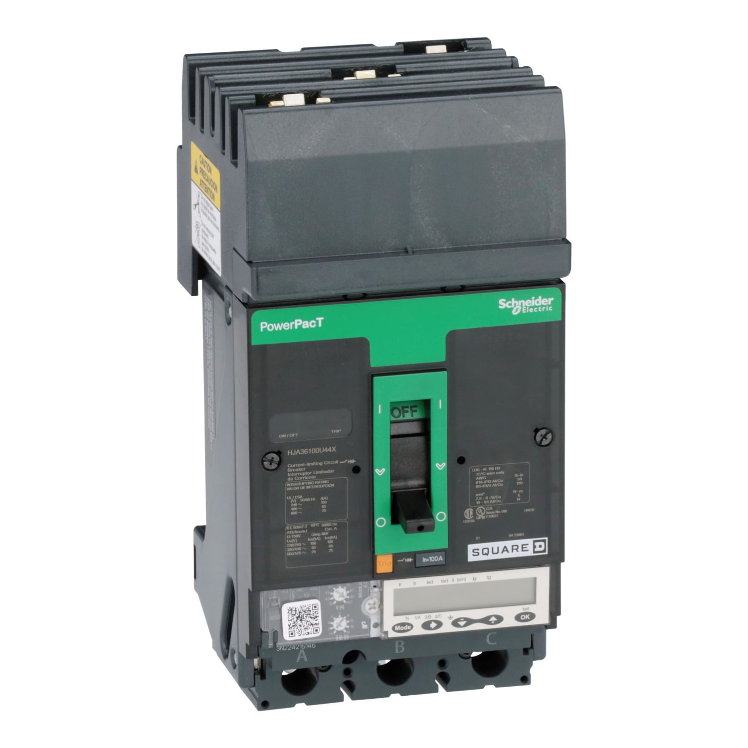 Circuit breaker, PowerPacT H, 100A, 3 pole, 600VAC, 25kA, I-Line, Micrologic 6.2A, 80%, ABC