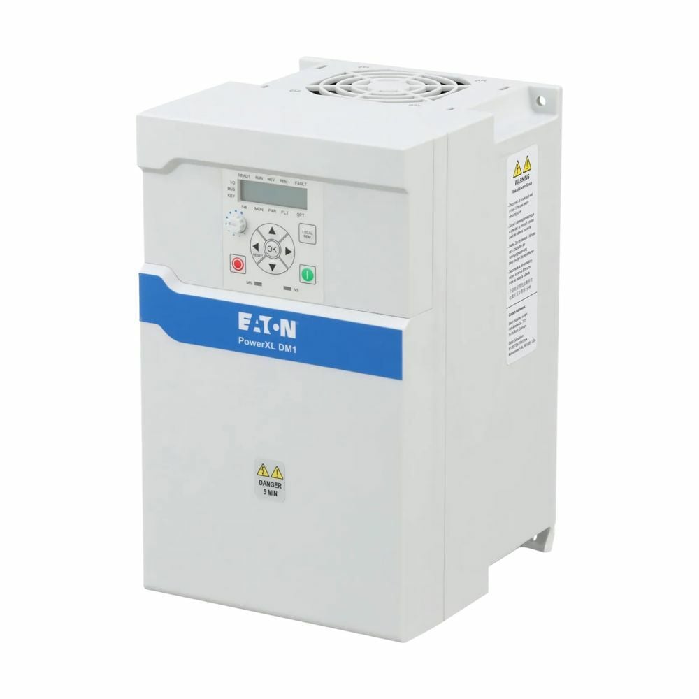 Eaton PowerXL DM1 micro variable frequency drive, Three-phase, 400 V, 38 A, Internal brake chopper, Multi segment LCD display, IP20, ST0 SIL2 and ethernet I/P, Modbus TCP onboard