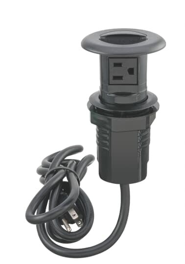 Recessed Pull-Up Receptacle, Black, PolyCarbonate, with 6 Foot Cord with Three-Prong Plug