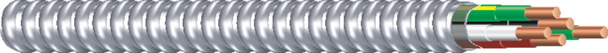 Southwire Armorlite Type MC Cable is constructed with soft-drawn copper  Type THHN/THWN-2 conductors rated 90C dry  and a bare copper grounding conductor for sizes 1/0 AWG and larger. The conductors are cabled together and a binder tape bearing the print legend is wrapped around the assembly. Aluminum interlocking armor is applied over the assembly. Also available in steel. Conductors are black with phase identification. Colors available upon request with economic order quantity.