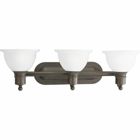 Antique bronze Three-light wall bracket with white etched glass. Glass in a clean, simple domed shape provides even, diffused illumination. Fixture can be installed facing upwards or downwards.