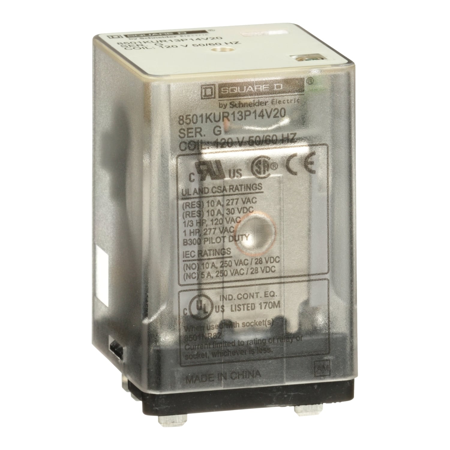 Relay, Harmony 8501K, 3PDT, 11 blades, LED, coil, 10A resistive at 120V AC, 120V AC, 0.5 HP at 240V AC, 3NO + 3NC