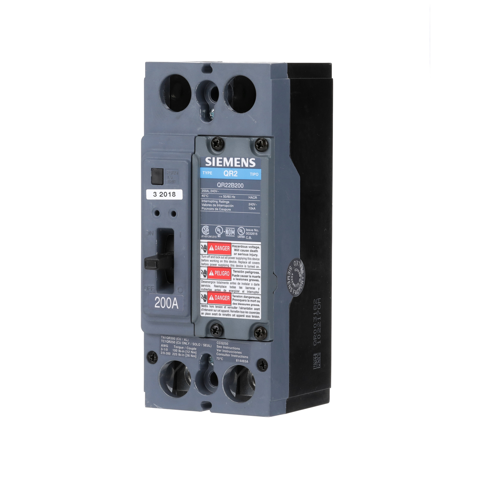  LOW VOLTAGE MOLDED CASE CIRCUIT BREAKER WITH THERMAL - MAGNETIC TRIP. QR FRAME STANDARD 40C BREAKER. 225A 2-POLE (10KA AT 240V). SPECIAL FEATURES NO LUGS INSTALLED.