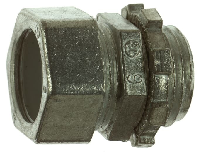 Connector, Non-Insulated Compression, Conduit Size 2 Inches, Length 2-5/32 Inches, Width 2-17/32 Inches, Die Cast Zinc, For use with EMT Conduit
