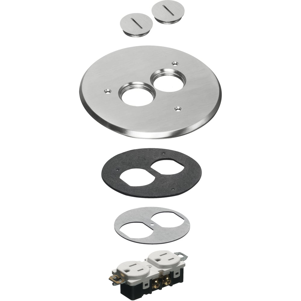 6" round nickel cover kit with (2) threaded plugs, includes leveling ring.