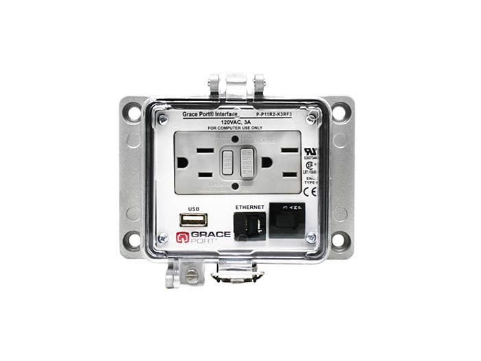 PANEL INTERFACE CONNECTOR WITH USB A/F TO A/M, RJ45, PMH, UL TYPE 4, GFCI DUPLEX INSIDE-OUTLET, 3 AMP CB