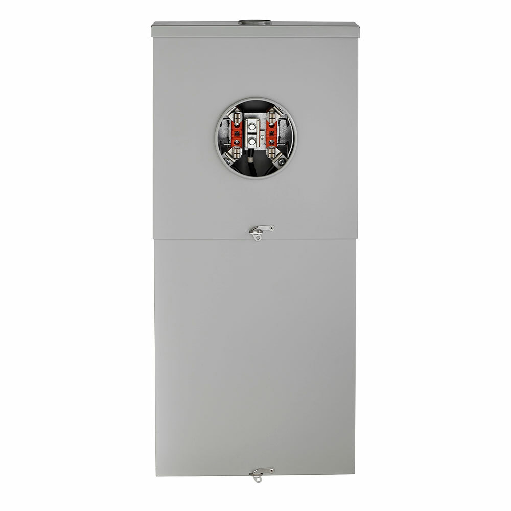 Outdoor Load Center Meter Combo Ring Type, NEMA 3R with Main Breaker and Feed-Thru Lugs, 150 Amp, 8 Spaces, 22KA Interrupt Rating, Enclosure and Door