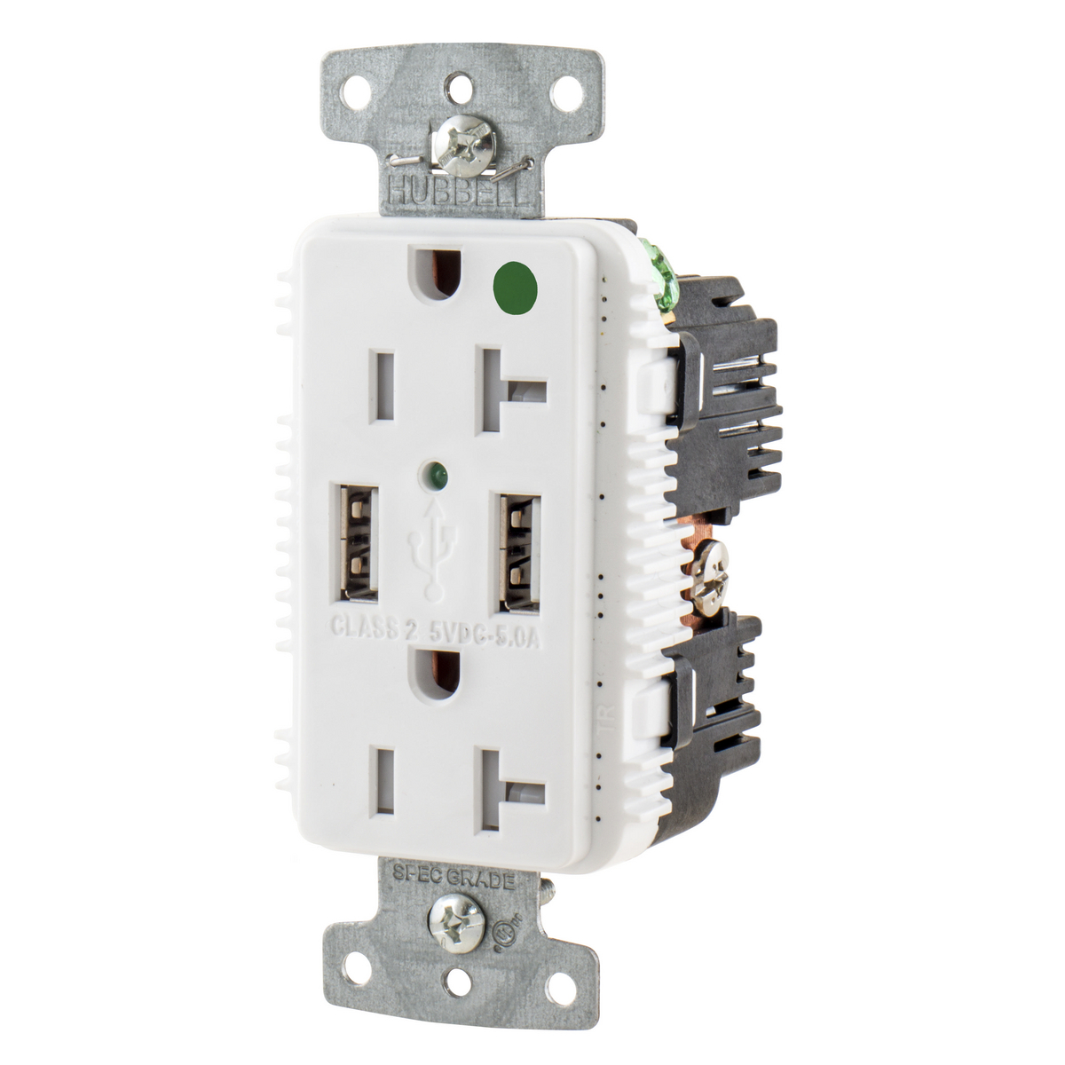 USB Charger Duplex Receptacle, HospitalGrade, 20A 125V, 2-Pole 3-Wire Grounding, 5-20R, 2) 5A "A" USB Ports,White