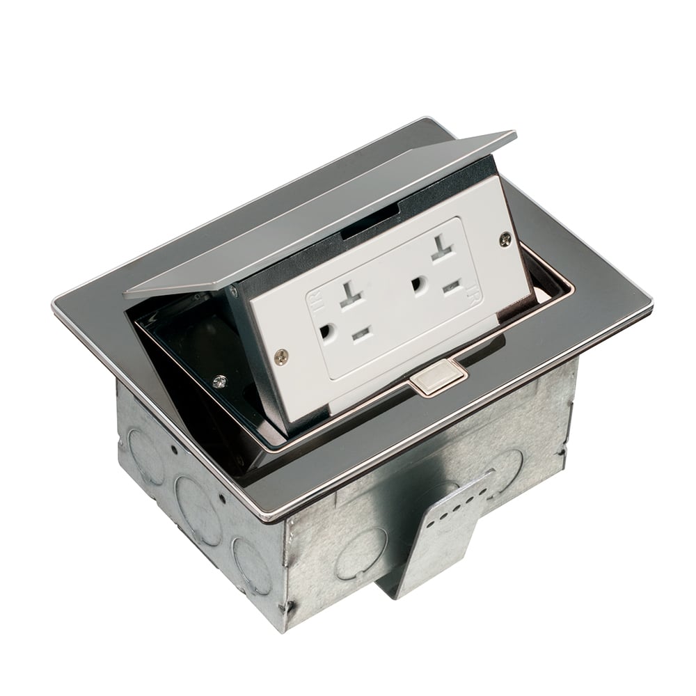 Rectangular steel box with Black stainless steel trapdoor cover. Listed as a floor box. For installation in countertops check with your local inspection authority for approval.