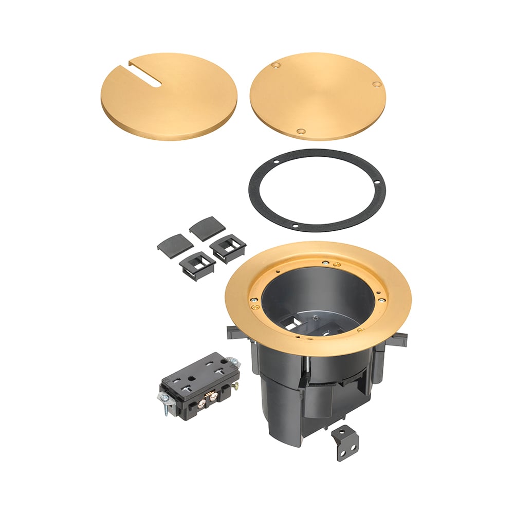 TWO low voltage openings with built-in divider, an ultra-thin stamped steel flange, and flush-to-the-floor in-use and blank covers. Has a brass plated finish.