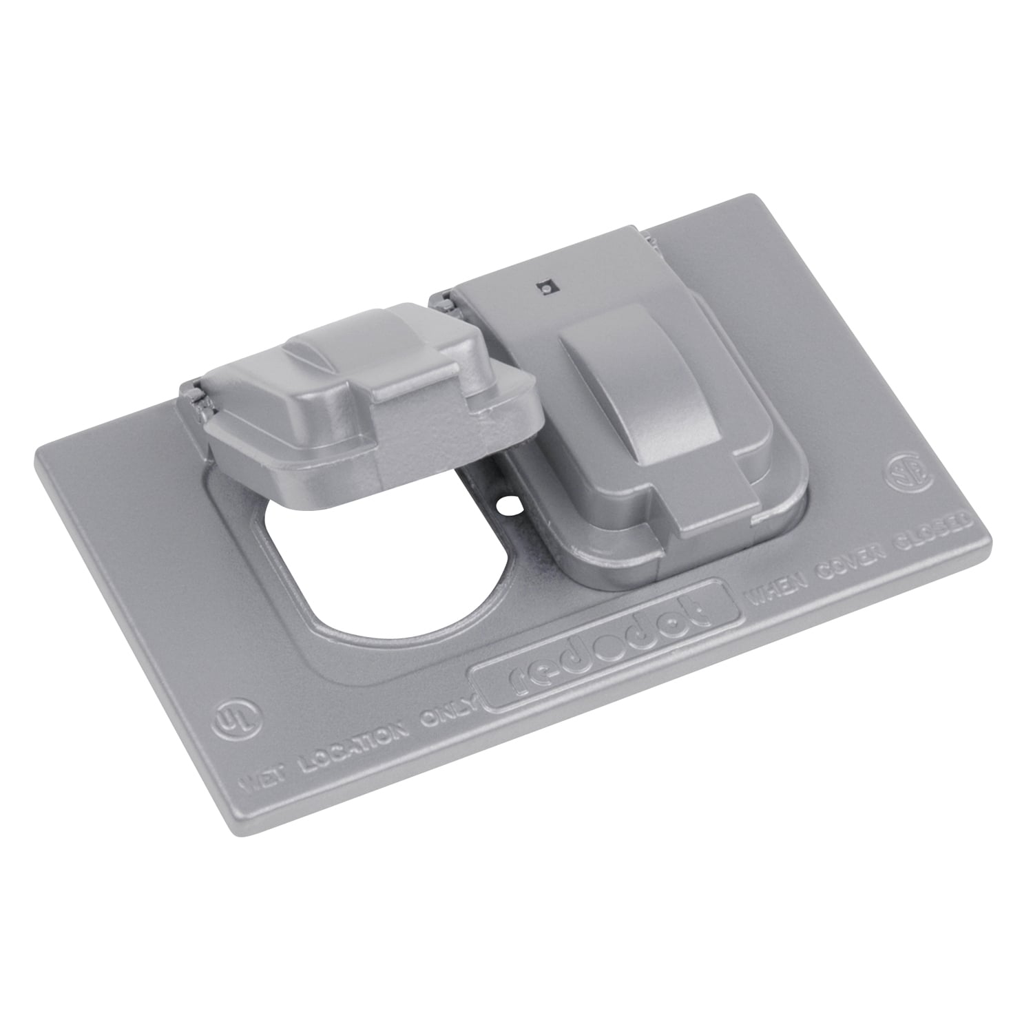 Single Gang Weatherproof Receptacle Cover, Silver, Aluminum, 1 Duplex Receptacle Horizontal, Device Mount, Stay Open