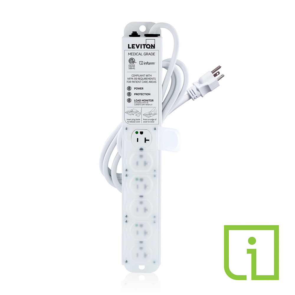 CURRENT MONITORING MEDICAL GRADE POWER STRIP, SURGE-PROTECTED 20A - 125VAC (16A MAX CONTINUOUS LOAD) WITH 6 NEMA 5-20R OUTLETS WITH LOCKING COVERS 7-FT POWER CORD WITH STANDARD HG NEMA 5-20P PLUG, ETL CERTIFIED TO UL 60601-1