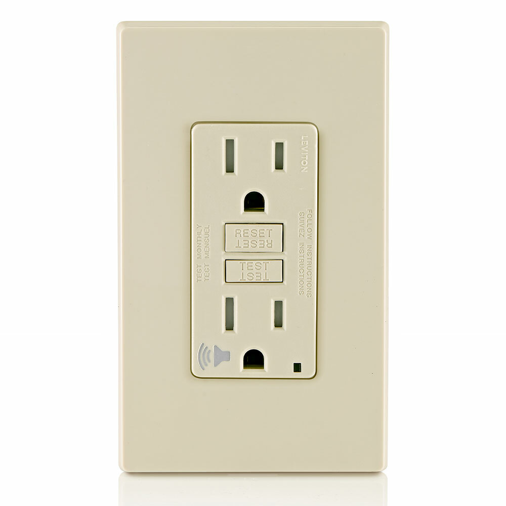 Audible Self-Test Tamper Resistant GFCI Receptacle.Nema 5-15R 15A-125v @ Receptacle, 20A-125V Feed-through, Lighted, Self-ground Clip, Wallplate Included - Light Almond, W/Light Almond Test And Reset Button.