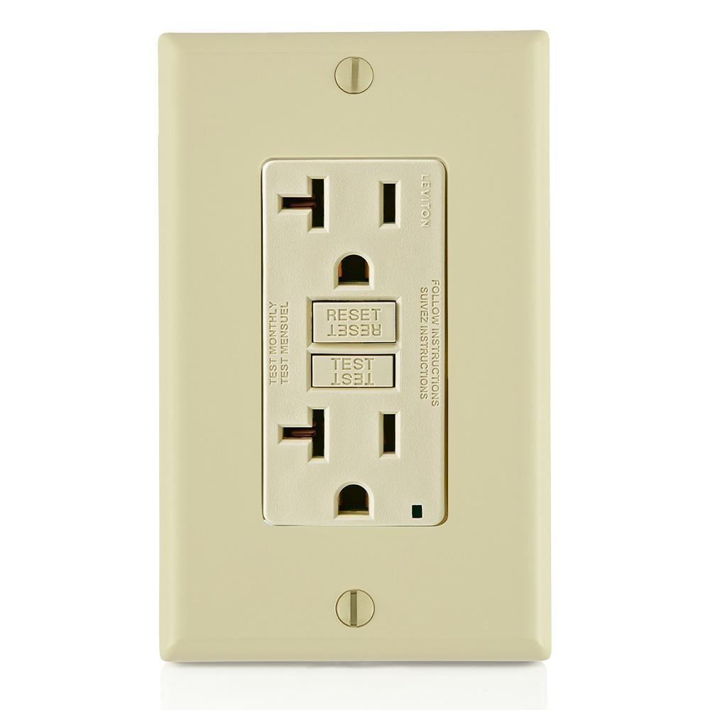GFNT2-I SmartlockPro Slim Feed Through Monochromatic Non-Tamper Resistant Self-Test Standard Duplex GFCI Receptacle With LED Indicator, 125 V AC, 20 A, 2 Poles, 3 Wires, Ivory