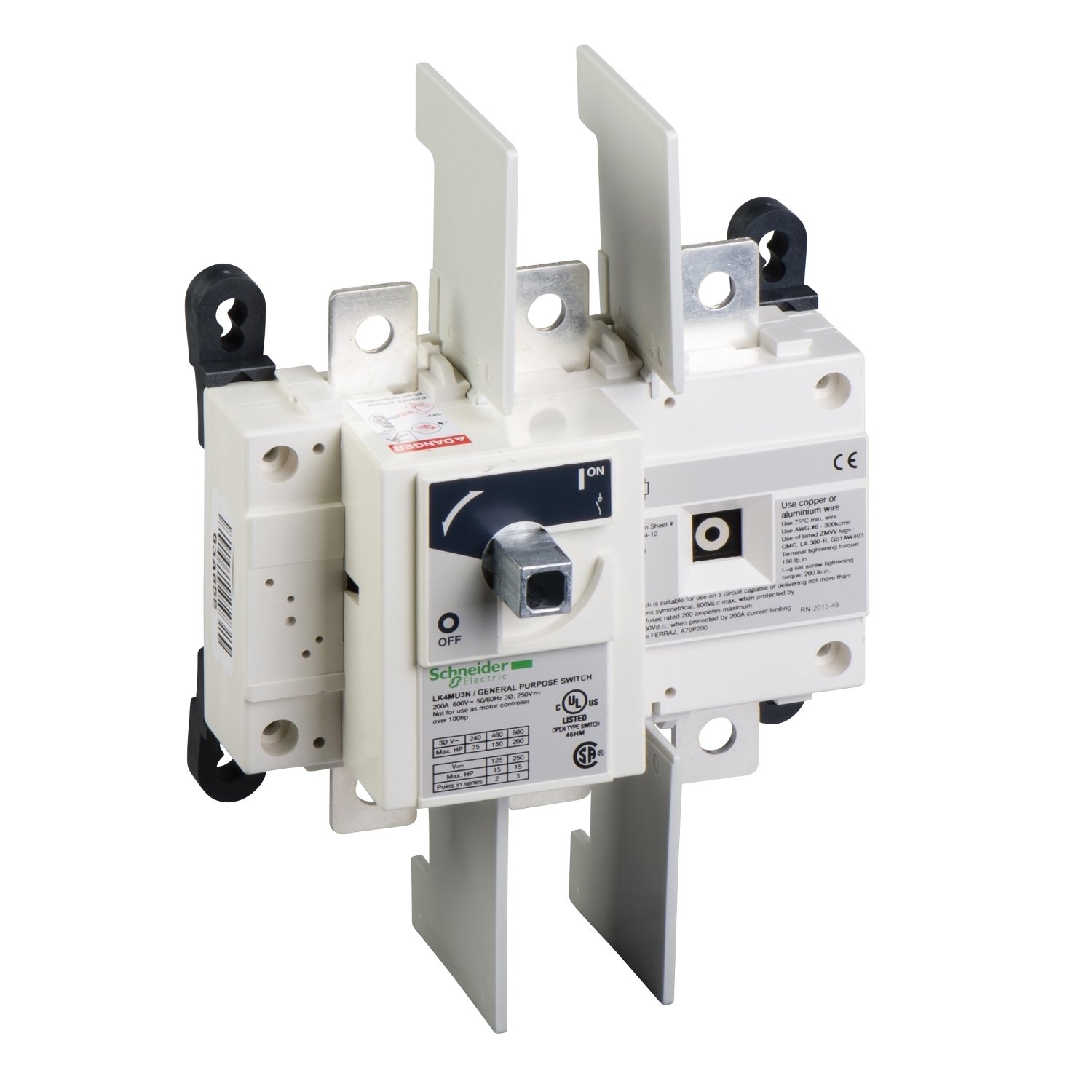 Disconnect Switch, TeSys LK, nonfusible, 200A, 600 V, HP rated, 3 pole, rotary handle, up to 200kA SCCR