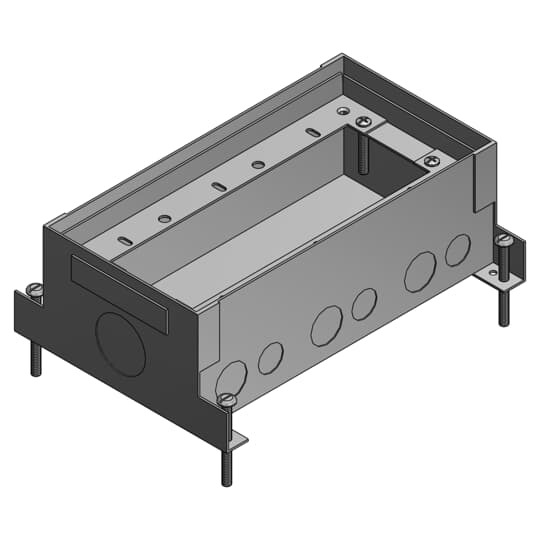 Three Gang Deep Flush Service Floor Box, 123 Cubic Inches, Length 10-1/2 Inches, Width 5-1/2 Inches, Depth 3-5/8 Inches, 1/2 Inch 3/4 Inch and 1-1/4 Inch Knockouts, Galvanized Steel, For Power or Communications/Data