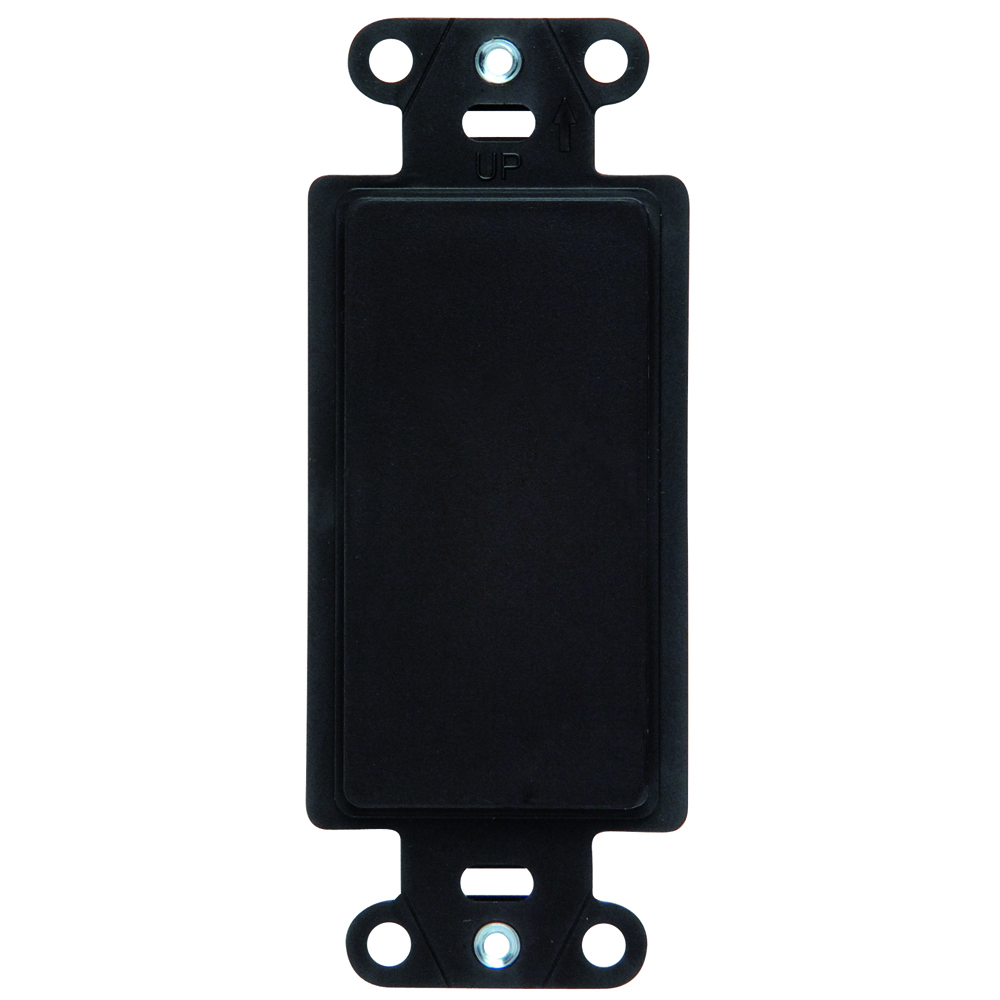Mounting strap for blank insert. Box mounted. Changes decorator opening to blank. Polycarbonate Plastic, Black.