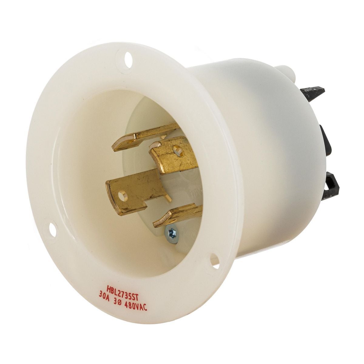 Locking Devices, EdgeConnect Twist-Lock, Industrial, Insulgrip Flanged Inlet, 30A 3-Phase Delta 480V AC, 3-Pole 4-Wire Grounding, L16-30P, Spring Terminal, White.