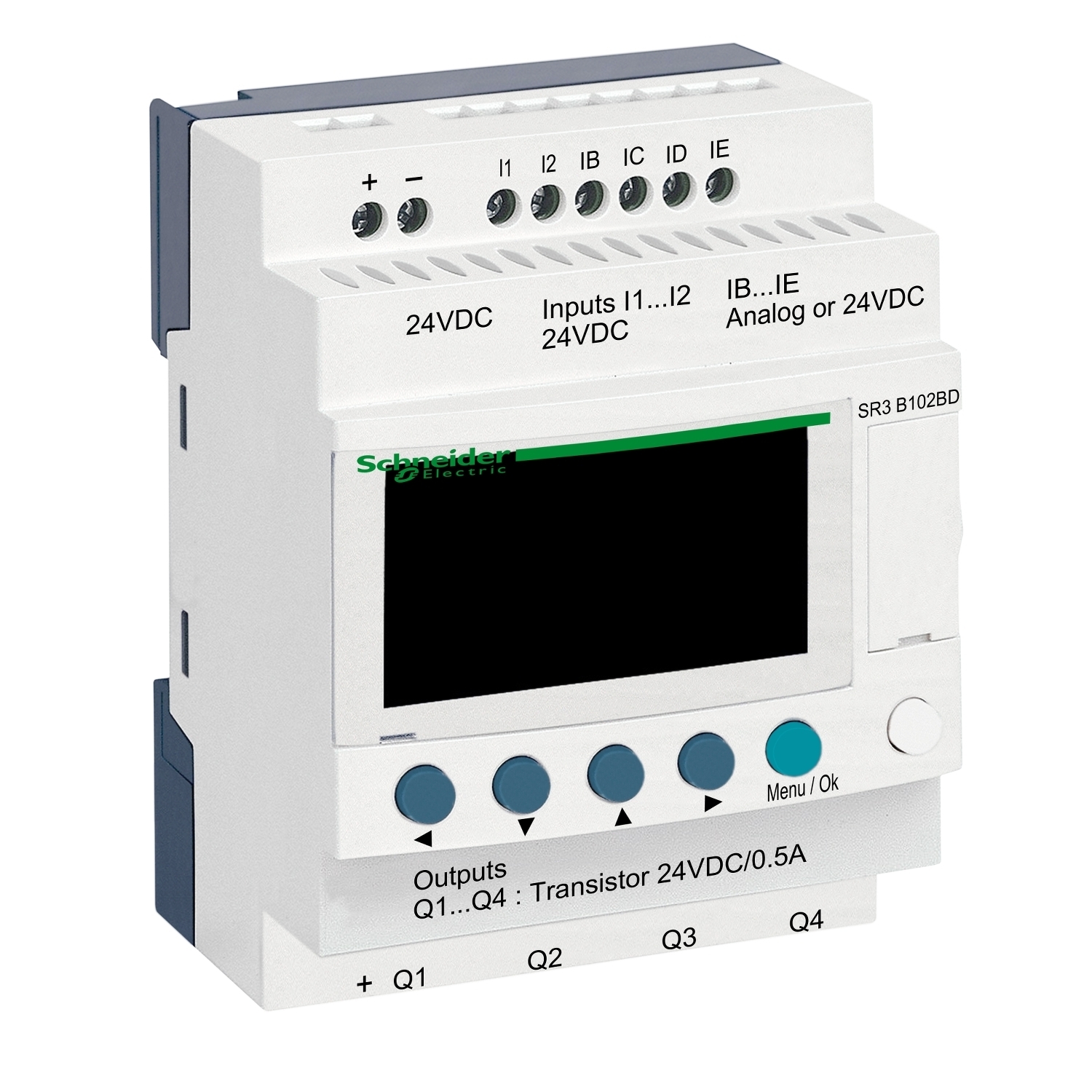 modular smart relay, Zelio Logic SR2 SR3, 10 IO, 24V DC, clock, display, 4 transistor outputs