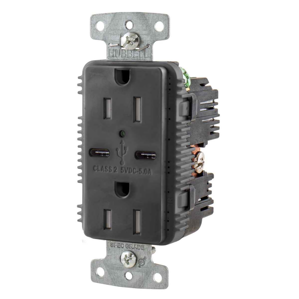 USB Charger Duplex Receptacle, 15A 125V,2-Pole 3-Wire Grounding, 5-15R, 2) 5A "C" USB Ports, Black