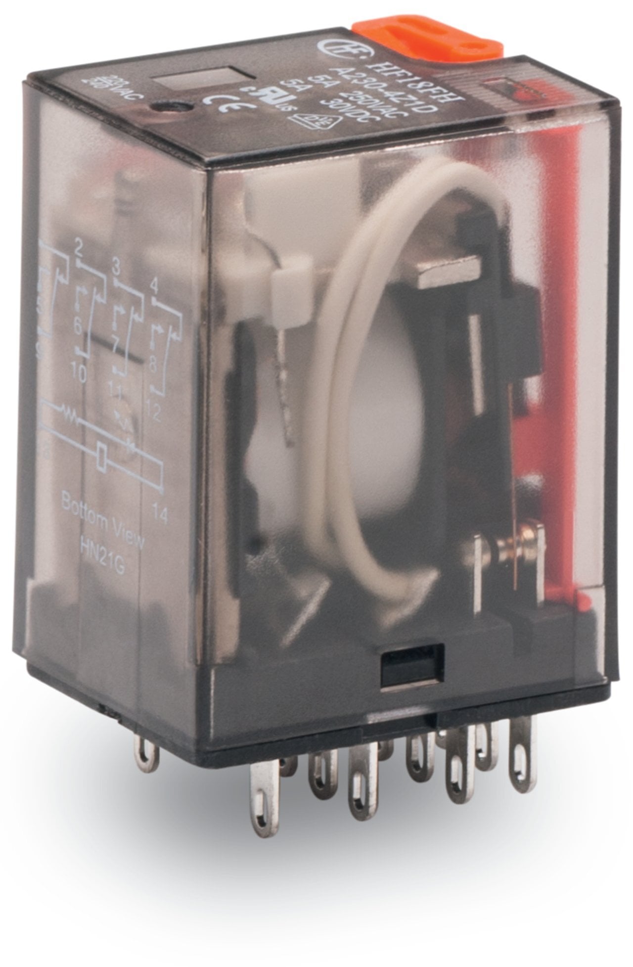 Basic relay; Nominal input voltage: 230 VAC; 4 changeover contacts; Limiting continuous current: 5 A; with manual operation; Module width: 22 mm; Module height: 25 mm