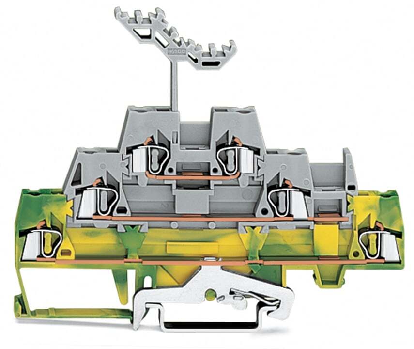 Triple-deck terminal block; Shield/through/through terminal block; 2.5 mm; with marker carrier; for DIN-rail 35 x 15 and 35 x 7.5; CAGE CLAMP; 2,50 mm; green-yellow/gray/gray