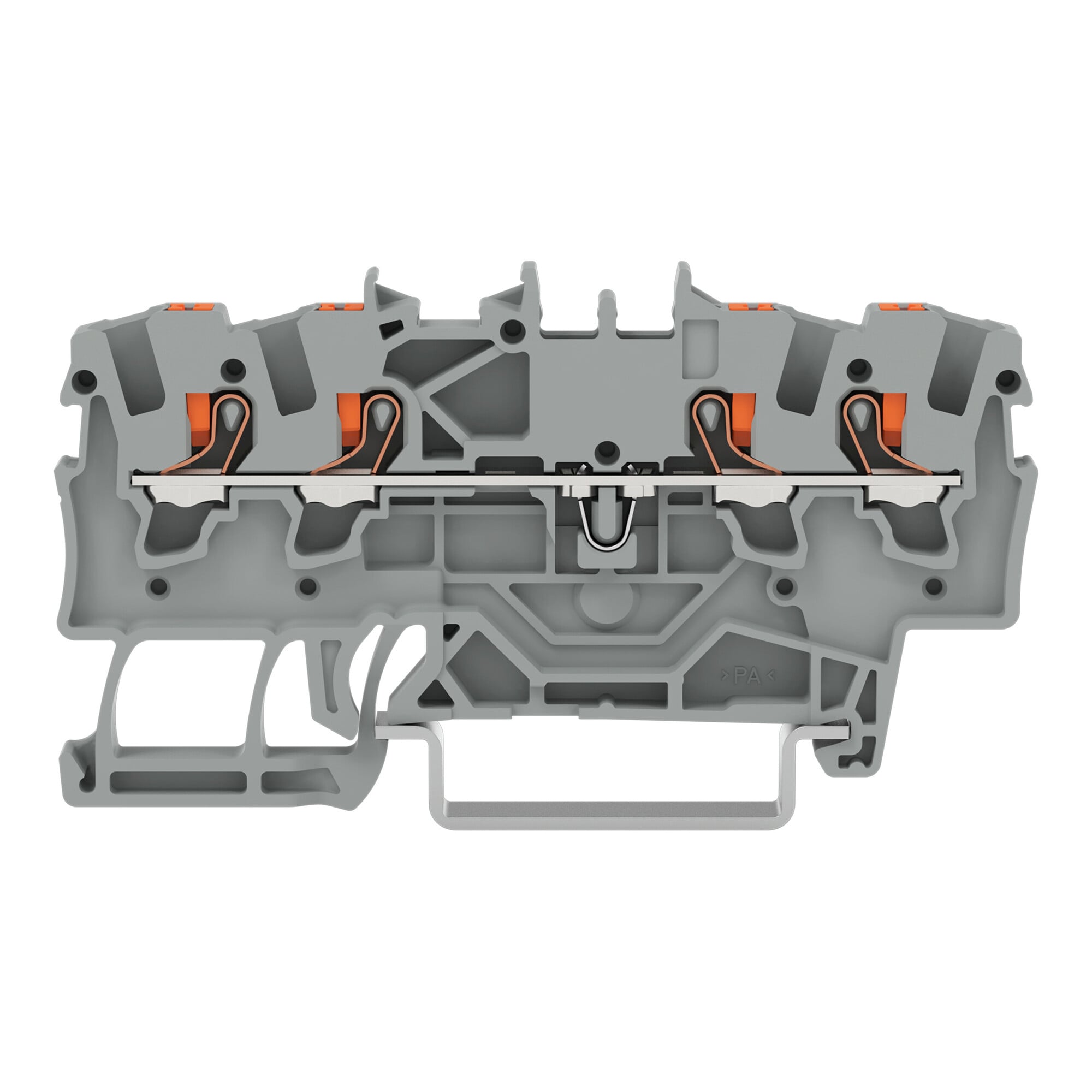 4-conductor through terminal block; with push-button; 1.5 mm; with test port; side and center marking; for DIN-rail 35 x 15 and 35 x 7.5; Push-in CAGE CLAMP; 1,00 mm; gray