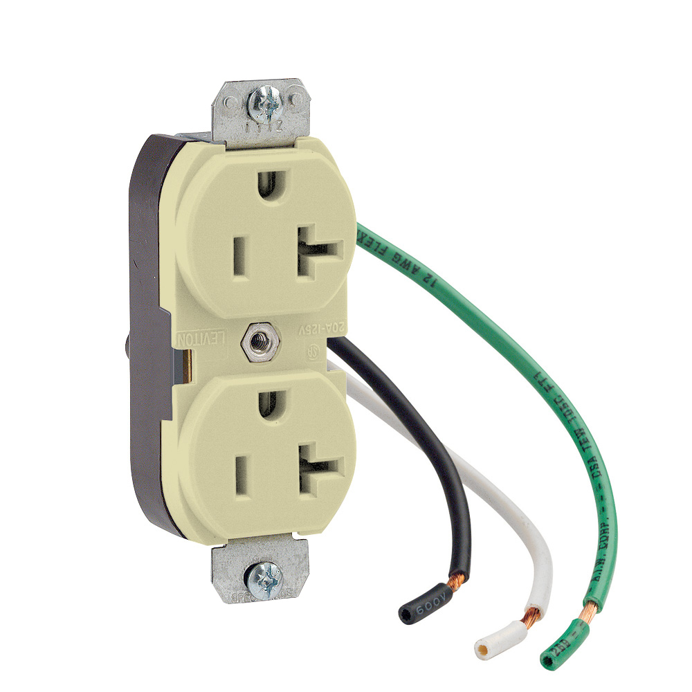 Pig-Tail Receptacle, Duplex, 2 Pole-3 Wire, 20A-125V, Nema 5-20R, Spec Grade, WithThree Leads #12 - Ivory Face With Brown Base