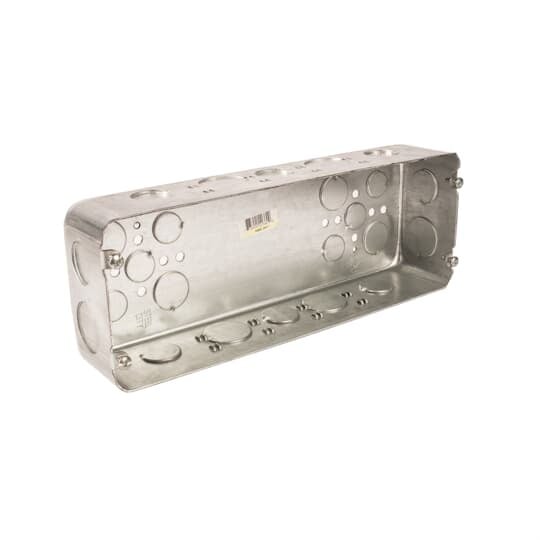 Five Gang Drawn-Style Gang Box, 132 Cubic Inches, 12-1/4 Inches Long x 4-1/2 Inches Tall x 2-1/2 Inches Deep, 3/4 Inch and 1 Inch Knockouts, Pre-Galvanized Steel, Drawn Construction, For use with Conduit