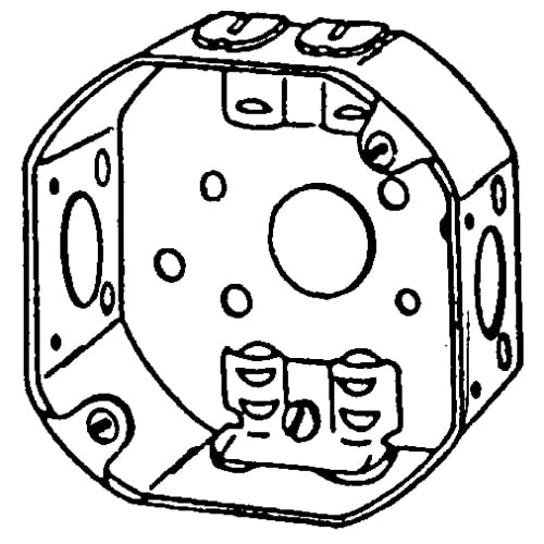 Octogon Box, Size: 4", 1-1/2" Deep, Material: Steel, Side Knockouts: 2@1/2", Bottom Knockouts, 1@1/2", End Knockouts: 4@ 21/32", Nonmetallic Sheathed CL 26 Cable Clamps, Cubic Capacity:15.5Cubic Inches, With four nail holes
