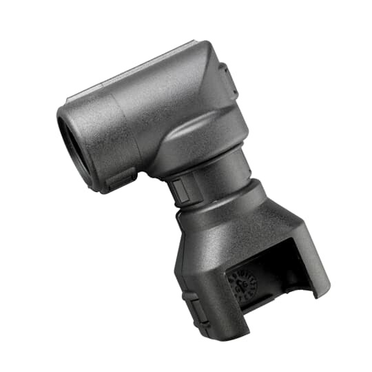 Hinged Connector Interface Fitting, Low Profile Plug, 90 Degree Elbow with 360 Degree Swivel, 2-Way Ampseal Automotive Connector to Conduit, Conduit Size NC08/NW7.5, Operating Temperature -40 to 120 Degrees Celsius, RoHS Compliant, IP40 Rating, Very High UV Protection, Polyamide (Nylon), Black