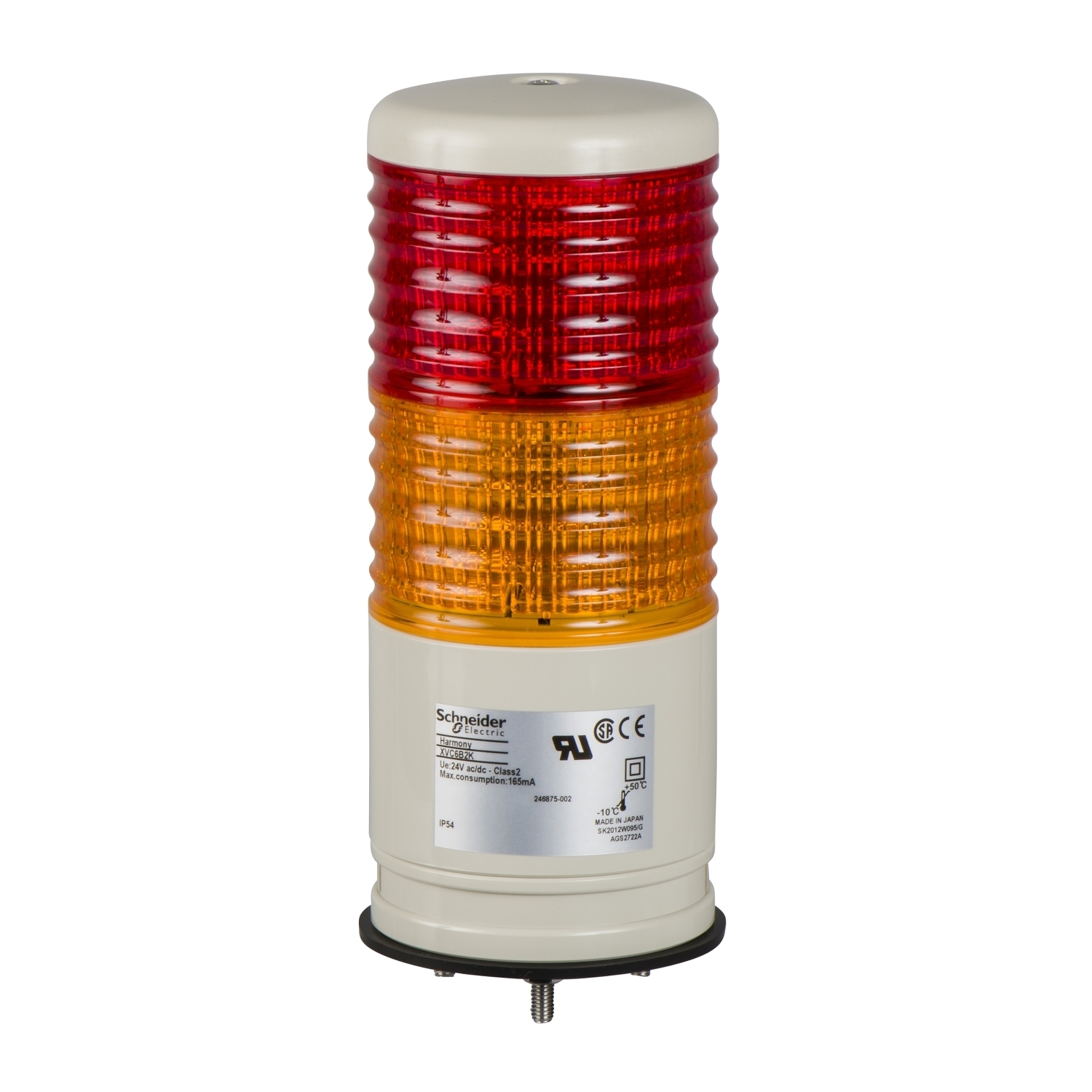 Complete pre wired monolithic tower light, Harmony XVC, plastic, red orange, 60mm, base mounting, steady or flashing, with buzzer 70...85 dB,24V AC DC